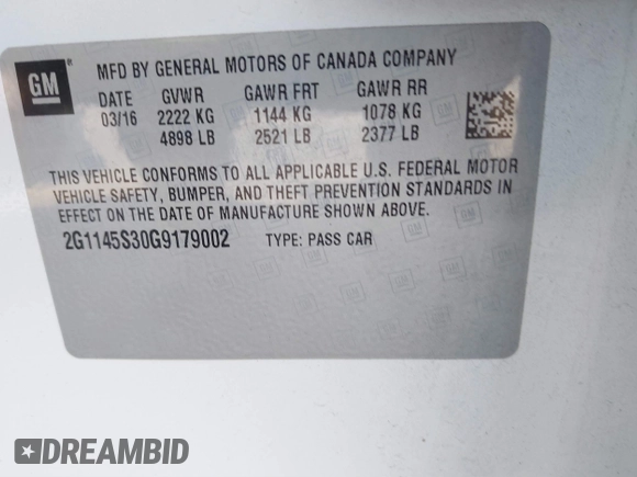 2016 Chevrolet Impala LTZ with VIN 2G1145S30G9179002, listed as a IAAI auction lot 41526125 with 122,177 mi miles. Bid and sale history available at carsss.com. Image 9.