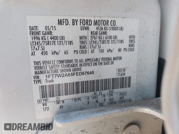 2015 Ford F-250 XL с VIN 1FT7W2A65FED67645, выставлен на аукционе IAAI как лот 41366127 с пробегом 112 056 миль миль и . История ставок и продаж доступна на DreamBid. Изображение 9.