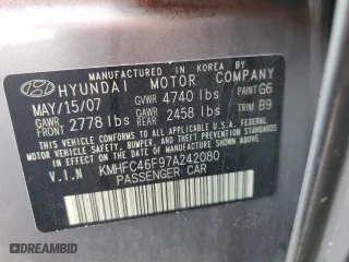 2007 Hyundai Azera SE with VIN KMHFC46F97A242080, listed as a Copart auction lot 45227394 with 147,742 mi miles and Salvage Title. Bid and sale history available at carsss.com. Image 12.