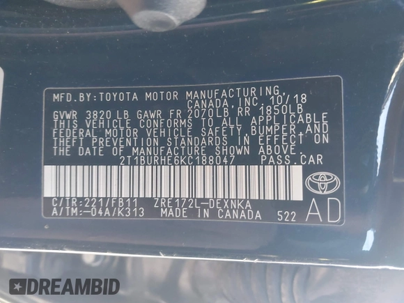 2019 Toyota Corolla L with VIN 2T1BURHE6KC188047, listed as a IAAI auction lot 41695485 with 81,908 mi miles. Bid and sale history available at carsss.com. Image 9.