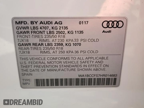 2017 Audi Q3 Premium with VIN WA1BCCFS7HR014683, listed as a Copart auction lot 54739465 with 64,917 mi miles and Salvage title. Bid and sale history available at DreamBid. Image 13.