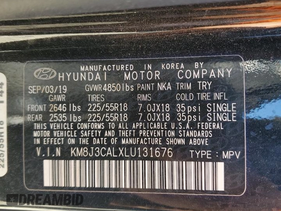 2020 Hyundai Tucson Ultimate with VIN KM8J3CALXLU131676, listed as a Copart auction lot 63118485 with 41,127 mi miles and Salvage title. Bid and sale history available at DreamBid. Image 12.