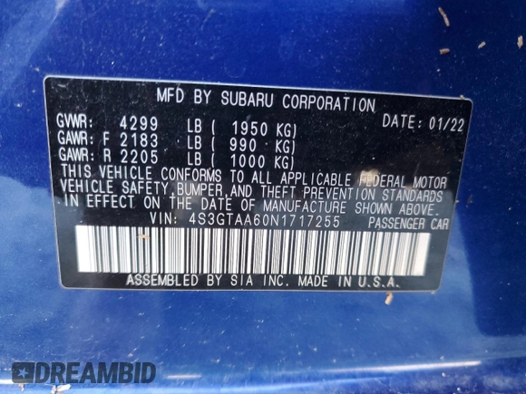 2022 Subaru Impreza z VIN 4S3GTAA60N1717255, wystawiony jako Copart lot #81049424 z przebiegiem Nie podano mil oraz Nie do naprawy • Non repairable. Historia ofert i sprzedaży dostępna na DreamBid. Obrazek 12.