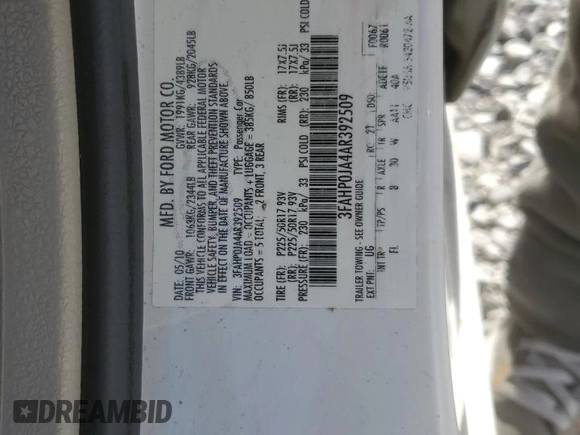 2010 Ford Fusion SEL with VIN 3FAHP0JA4AR392509, listed as a Copart auction lot 45649565 with 210,505 mi miles and Salvage Title. Bid and sale history available at DreamBid. Image 14.