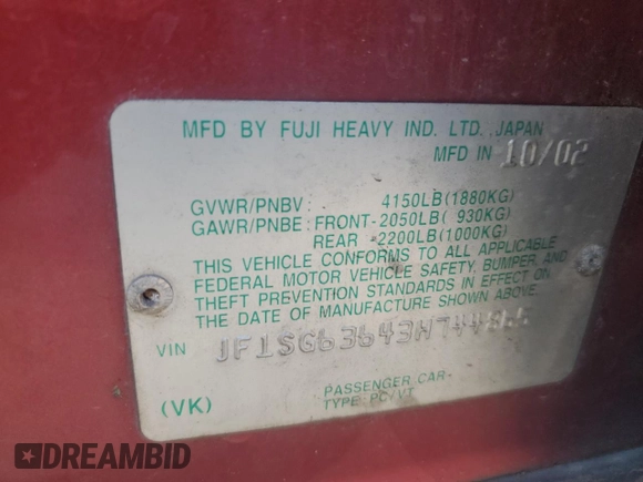 2003 Subaru Forester X with VIN JF1SG63643H744865, listed as a Copart auction lot 80669284 with 216,631 mi miles and Non Repairable. Bid and sale history available at DreamBid. Image 13.