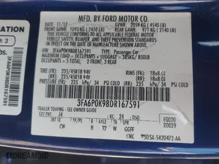 2013 Ford Fusion Titanium with VIN 3FA6P0K98DR167591, listed as a IAAI auction lot 42110477 with 160,971 mi miles. Bid and sale history available at carsss.com. Image 9.
