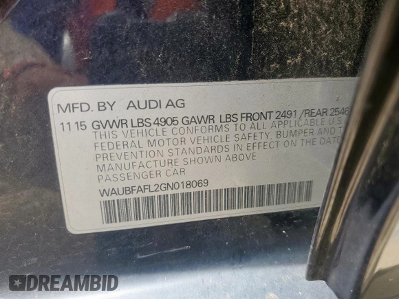 2016 Audi A4 Premium z VIN WAUBFAFL2GN018069, wystawiony jako Copart lot #54594895 z przebiegiem 59 224 mil mil oraz Szkoda całkowita • Salvage title. Historia ofert i sprzedaży dostępna na DreamBid. Obrazek 12.