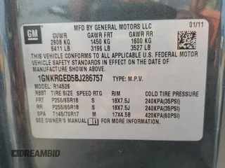 2011 Chevrolet Traverse 1LT z VIN 1GNKRGED5BJ286757, wystawiony jako Copart lot #63599254 z przebiegiem 168 671 mil mil oraz Szkoda całkowita • Salvage title. Historia ofert i sprzedaży dostępna na DreamBid. Obrazek 13.