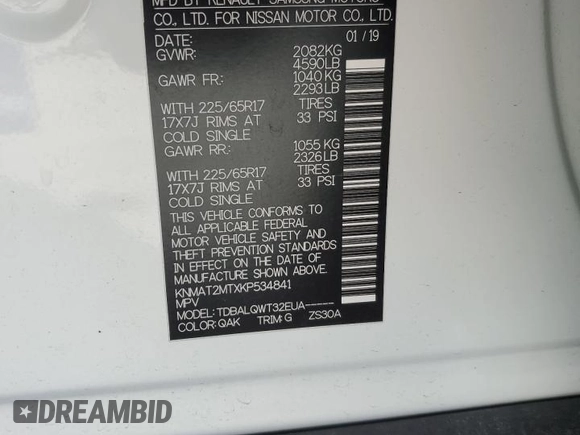 2019 Nissan Rogue SV with VIN KNMAT2MTXKP534841, listed as a Copart auction lot 47268155 with 37,662 mi miles and Clean Title. Bid and sale history available at DreamBid. Image 16.