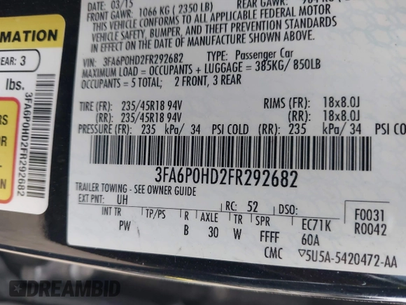 2015 Ford Fusion SE with VIN 3FA6P0HD2FR292682, listed as a IAAI auction lot 41930954 with 127,361 mi miles. Bid and sale history available at carsss.com. Image 9.