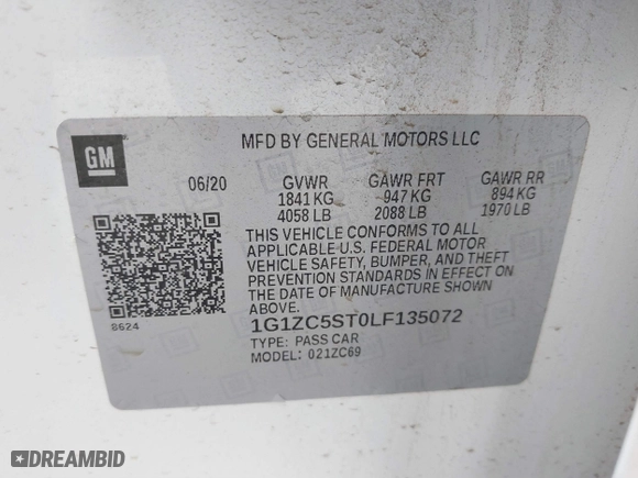 2020 Chevrolet Malibu LS with VIN 1G1ZC5ST0LF135072, listed as a IAAI auction lot 41578379 with 69,732 mi miles. Bid and sale history available at carsss.com. Image 9.