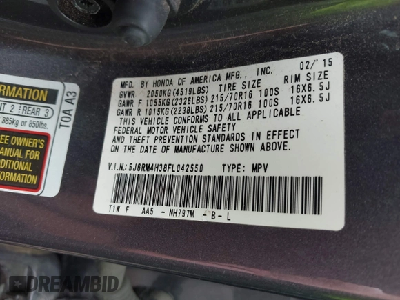 2015 Honda CR-V LX with VIN 5J6RM4H38FL042550, listed as a IAAI auction lot 42119148 with 204,104 mi miles and . Bid and sale history available at DreamBid. Image 9.