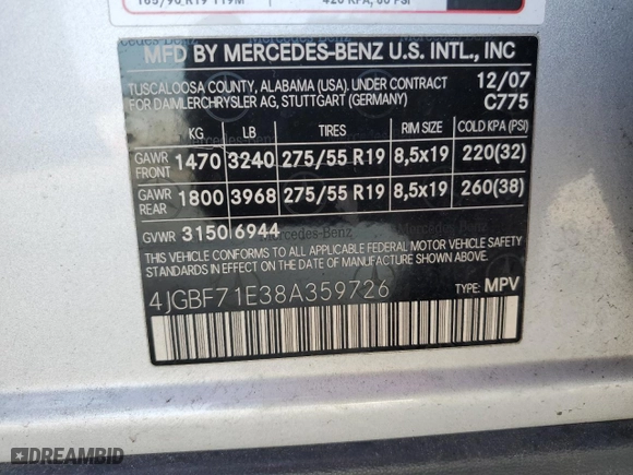2008 Mercedes-Benz GL-Class 4.6L with VIN 4JGBF71E38A359726, listed as a Copart auction lot 43734195 with 195,334 mi miles and Salvage Title. Bid and sale history available at carsss.com. Image 13.