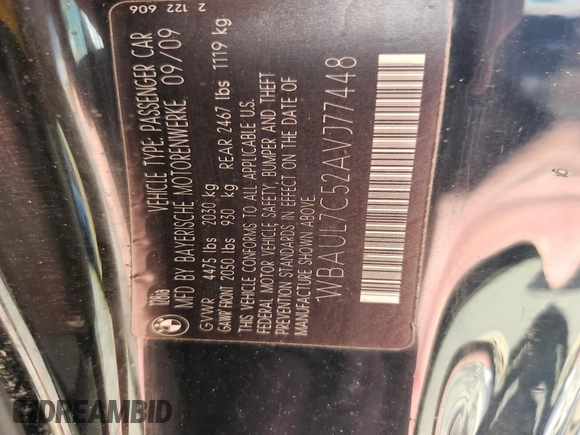 2010 BMW 1 Series 128i with VIN WBAUL7C52AVJ77448, listed as a IAAI auction lot 41886372 with 97,567 mi miles and . Bid and sale history available at DreamBid. Image 9.