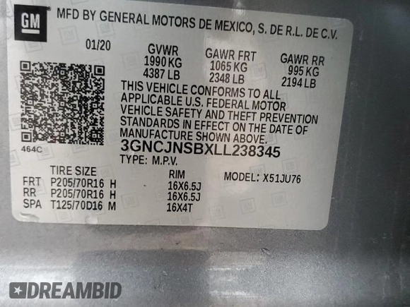 2020 Chevrolet Trax LS with VIN 3GNCJNSBXLL238345, listed as a Copart auction lot 81123504 with 33,505 mi miles and Salvage Title. Bid and sale history available at carsss.com. Image 15.