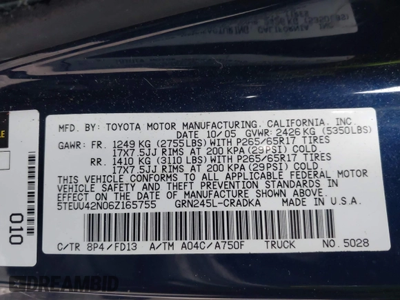 2006 Toyota Tacoma with VIN 5TEUU42N06Z165755, listed as a IAAI auction lot 41619786 with 168,910 mi miles. Bid and sale history available at carsss.com. Image 9.