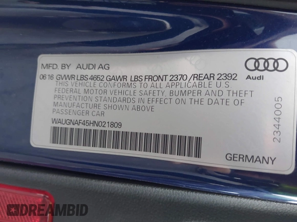2017 Audi A4 Premium with VIN WAUGNAF45HN021809, listed as a IAAI auction lot 41798921 with 93,260 mi miles. Bid and sale history available at carsss.com. Image 9.