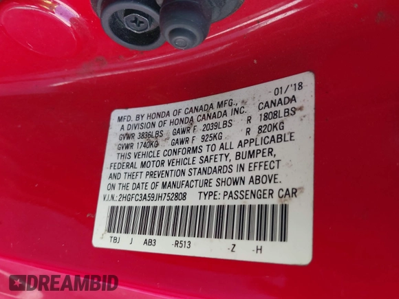 2018 Honda Civic Si Coupe with VIN 2HGFC3A59JH752808, listed as a IAAI auction lot 42018770 with 83,451 mi miles. Bid and sale history available at carsss.com. Image 9.