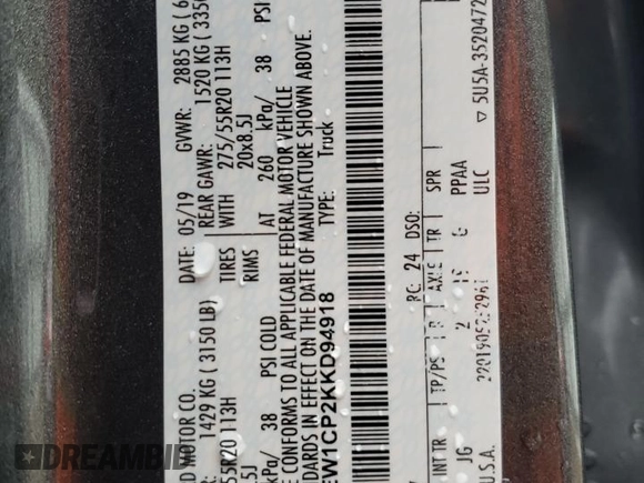 2019 Ford F-150 XL with VIN 1FTEW1CP2KKD94918, listed as a Copart auction lot 80581174 with Not provided miles and Salvage title. Bid and sale history available at DreamBid. Image 14.