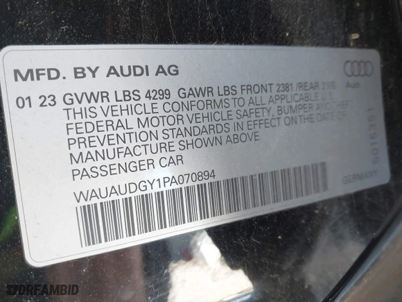 2023 Audi A3 Premium with VIN WAUAUDGY1PA070894, listed as a IAAI auction lot 42045730 with 52,397 mi miles. Bid and sale history available at carsss.com. Image 9.
