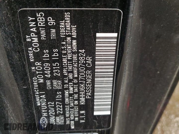 2013 Hyundai Genesis Coupe R-Spec with VIN KMHHU6KJ7DU079824, listed as a Copart auction lot 61663785 with 88,497 mi miles and Salvage title. Bid and sale history available at DreamBid. Image 13.