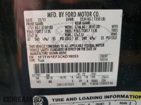 2012 Ford F-150 XL with VIN 1FTFW1EF3CKD18053, listed as a Copart auction lot 57439645 with 166,463 mi miles and Salvage title. Bid and sale history available at DreamBid. Image 12.