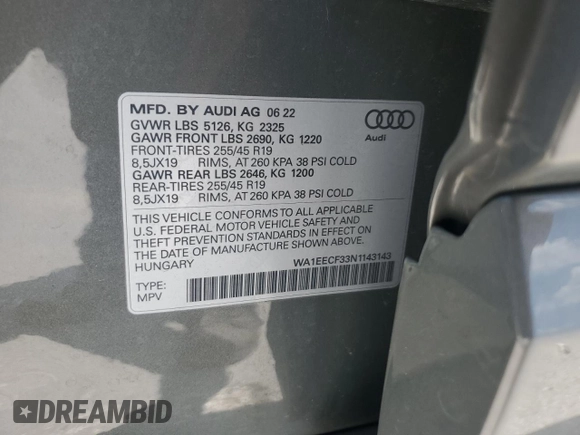 2022 Audi Q3 S line Premium Plus with VIN WA1EECF33N1143143, listed as a Copart auction lot 62233115 with Not provided miles and Salvage title. Bid and sale history available at DreamBid. Image 13.