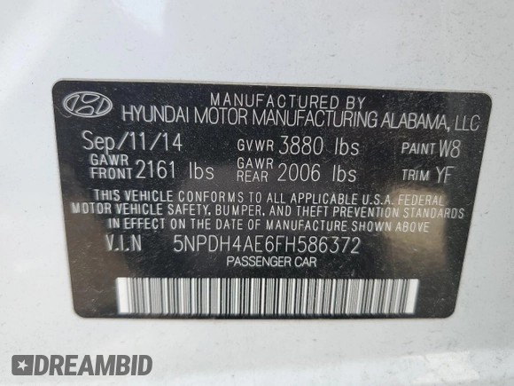 2015 Hyundai Elantra SE z VIN 5NPDH4AE6FH586372, wystawiony jako Copart lot #57399575 z przebiegiem 95 860 mil mil oraz Nie do naprawy • Non repairable. Historia ofert i sprzedaży dostępna na DreamBid. Obrazek 12.