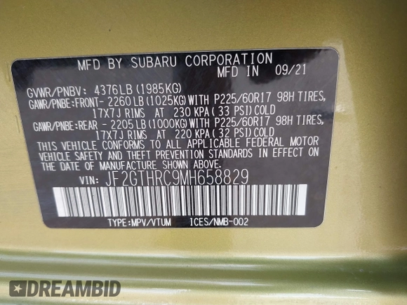 2021 Subaru Crosstrek Special Sports with VIN JF2GTHRC9MH658829, listed as a IAAI auction lot 42141564 with 39,201 mi miles and . Bid and sale history available at DreamBid. Image 9.