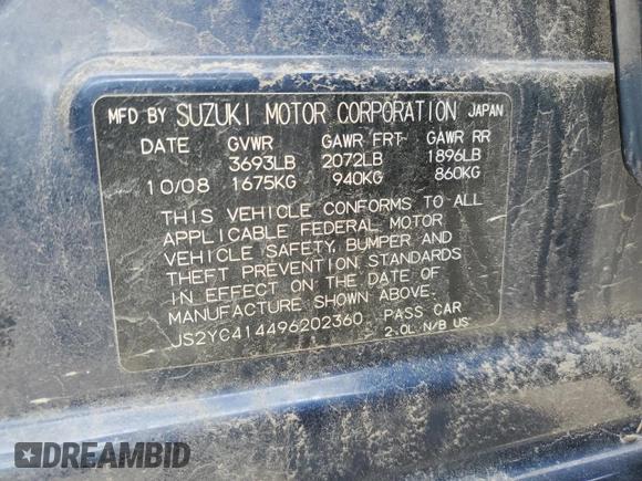 2009 Suzuki SX4 Sport FWD z VIN JS2YC414496202360, wystawiony jako Copart lot #48233305 z przebiegiem 196 937 mil mil oraz Szkoda całkowita • Salvage title. Historia ofert i sprzedaży dostępna na DreamBid. Obrazek 14.