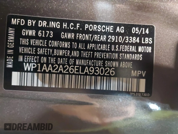 2014 Porsche Cayenne with VIN WP1AA2A26ELA93026, listed as a IAAI auction lot 42272409 with 58,951 mi miles and . Bid and sale history available at DreamBid. Image 9.