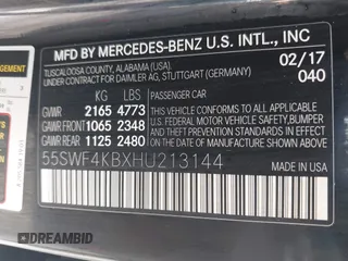 2017 Mercedes-Benz C 300 with VIN 55SWF4KBXHU213144, listed as a IAAI auction lot 42297587 with 152,694 mi miles and . Bid and sale history available at DreamBid. Image 9.
