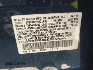 2010 Honda Pilot Touring with VIN 5FNYF3H84AB022700, listed as a IAAI auction lot 41689783 with 170,972 mi miles and . Bid and sale history available at DreamBid. Image 9.