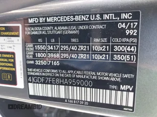 2017 Mercedes-Benz GLS 63 AMG with VIN 4JGDF7FE8HA959000, listed as a IAAI auction lot 41751659 with 120,657 mi miles and . Bid and sale history available at DreamBid. Image 9.