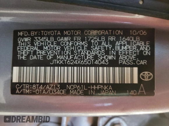 2006 Scion xA with VIN JTKKT624X65014043, listed as a Copart auction lot 58005482 with 187,078 mi miles and Salvage Title. Bid and sale history available at carsss.com. Image 10.