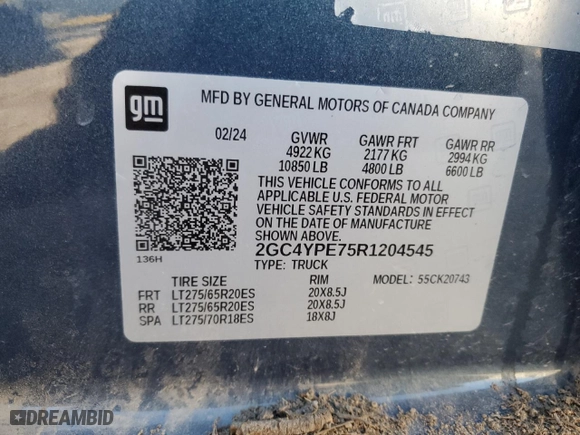 2024 Chevrolet Silverado 2500HD LTZ with VIN 2GC4YPE75R1204545, listed as a Copart auction lot 87075534 with 24,249 mi miles and Salvage Title. Bid and sale history available at carsss.com. Image 13.