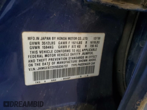2009 Honda Fit with VIN JHMGE872X9S036722, listed as a Copart auction lot 64701315 with 197,305 mi miles and Non repairable. Bid and sale history available at DreamBid. Image 13.