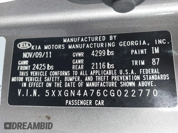 2012 Kia Optima EX with VIN 5XXGN4A76CG022770, listed as a IAAI auction lot 41825939 with 214,445 mi miles. Bid and sale history available at carsss.com. Image 9.