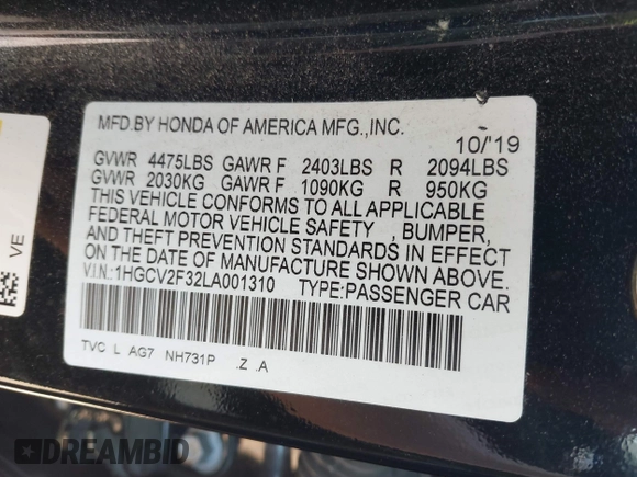 2020 Honda Accord Sport with VIN 1HGCV2F32LA001310, listed as a IAAI auction lot 42144612 with 54,728 mi miles and . Bid and sale history available at DreamBid. Image 9.