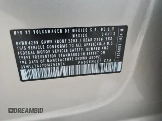 2013 Volkswagen Jetta TDI with VIN 3VWLL7AJ7DM297854, listed as a Copart auction lot 88531765 with 68,405 mi miles and Salvage title. Bid and sale history available at DreamBid. Image 12.