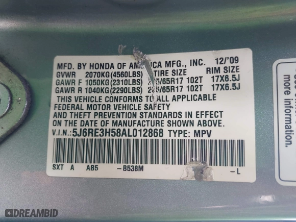 2010 Honda CR-V EX with VIN 5J6RE3H58AL012868, listed as a IAAI auction lot 41820020 with 195,171 mi miles. Bid and sale history available at carsss.com. Image 9.