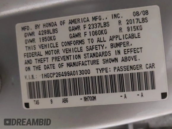2009 Honda Accord LX-P with VIN 1HGCP26499A013000, listed as a IAAI auction lot 41402193 with Not Provided miles and . Bid and sale history available at DreamBid. Image 9.