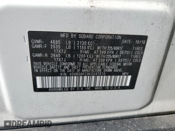 2019 Subaru Outback Premium with VIN 4S4BSAFC9K3247010, listed as a Copart auction lot 49248175 with 90,981 mi miles and Salvage Title. Bid and sale history available at carsss.com. Image 13.