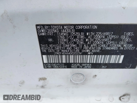 2010 Toyota RAV4 with VIN JTMZF4DV6AD020234, listed as a IAAI auction lot 42497598 with 184,968 mi miles and . Bid and sale history available at DreamBid. Image 9.