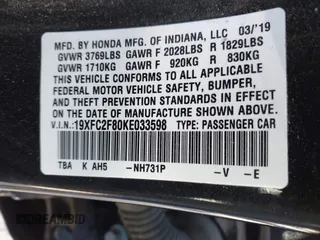 2019 Honda Civic Sport with VIN 19XFC2F80KE033598, listed as a IAAI auction lot 41732698 with 101,664 mi miles and . Bid and sale history available at DreamBid. Image 9.