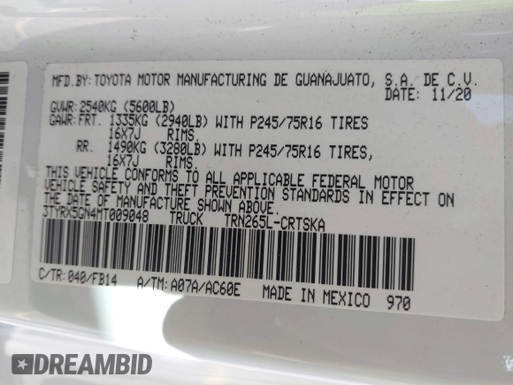 2021 Toyota Tacoma SR with VIN 3TYRX5GN4MT009048, listed as a IAAI auction lot 42291313 with 26,197 mi miles and . Bid and sale history available at DreamBid. Image 9.