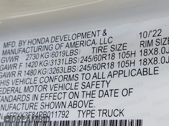 2023 Honda Ridgeline Black Edition with VIN 5FPYK3F84PB011792, listed as a IAAI auction lot 42049593 with 21,002 mi miles and . Bid and sale history available at DreamBid. Image 9.