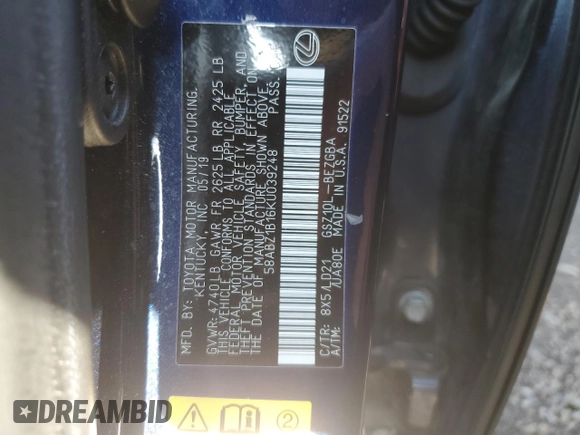 2019 Lexus ES 350 with VIN 58ABZ1B16KU039248, listed as a Copart auction lot 52342925 with 102,558 mi miles and Salvage Title. Bid and sale history available at DreamBid. Image 13.