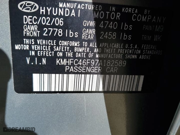 2007 Hyundai Azera SE with VIN KMHFC46F97A182589, listed as a Copart auction lot 73969184 with 108,731 mi miles and Salvage Title. Bid and sale history available at carsss.com. Image 12.