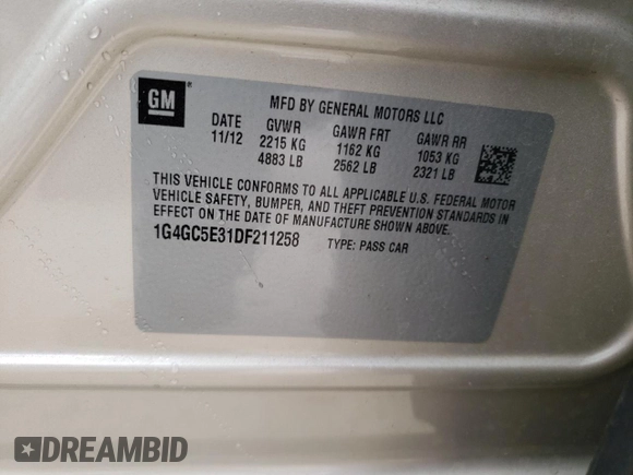 2013 Buick LaCrosse Leather with VIN 1G4GC5E31DF211258, listed as a Copart auction lot 69252734 with 45,070 mi miles and Salvage Title. Bid and sale history available at DreamBid. Image 13.